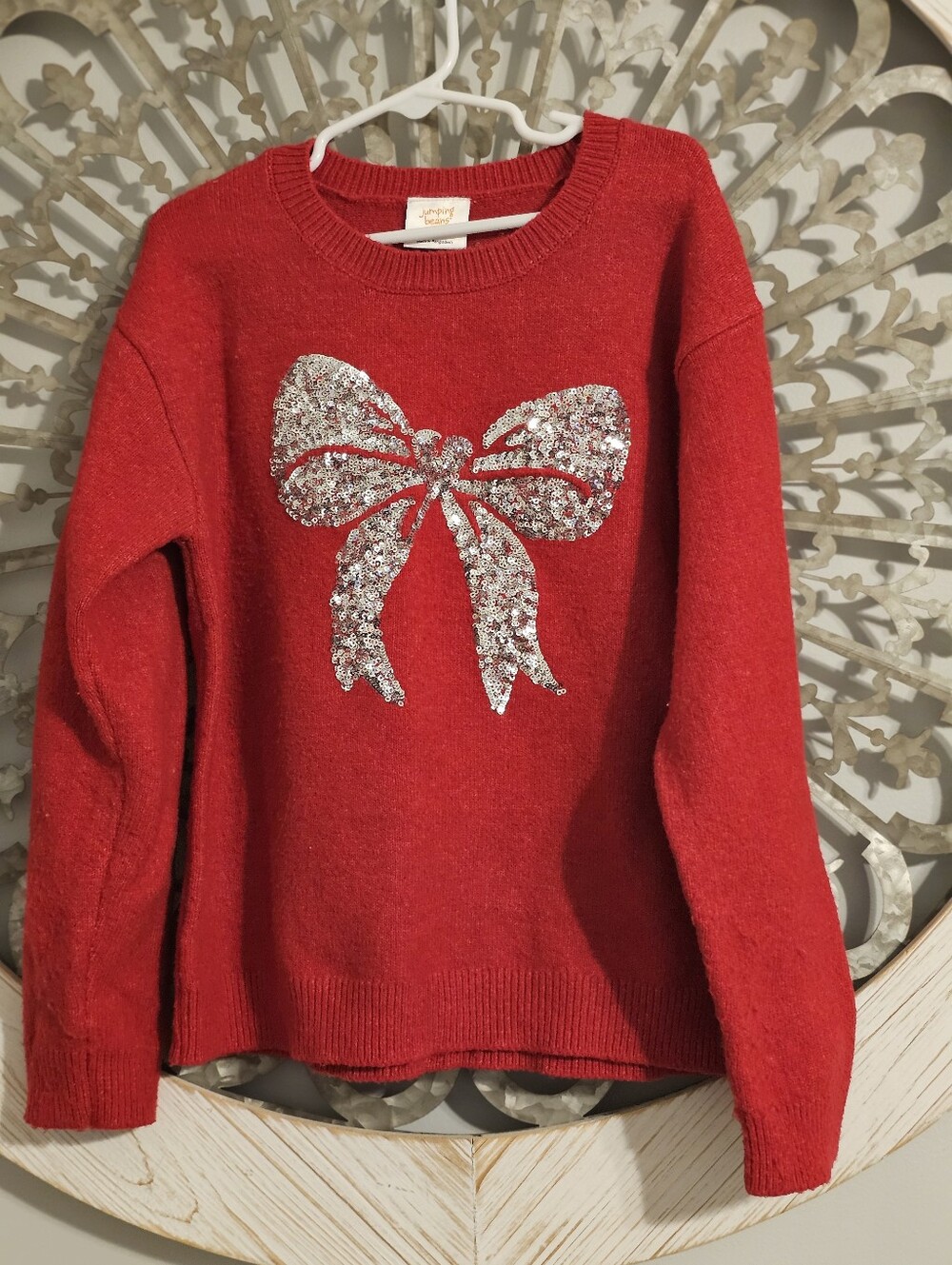 Girls Size 7 Red Sweater with Silver Sequin Bow